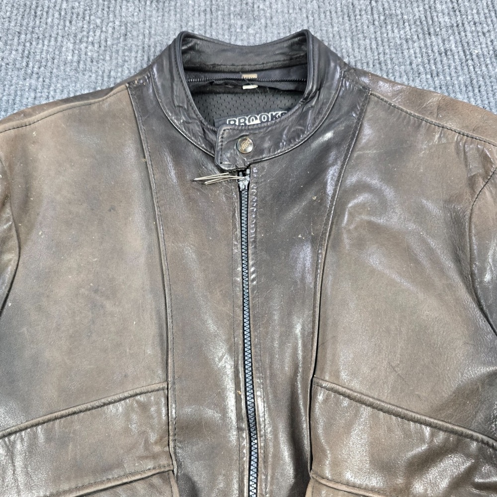 Vintage Brooks Motorcycle Jacket Mens 44 Brown Leather Full Zip Grunge USA Made - Picture 8 of 14